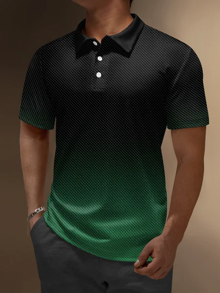 Abstract Gradient Geometric Button Short Sleeve Polo Shirt, Black-green, Polo Shirts