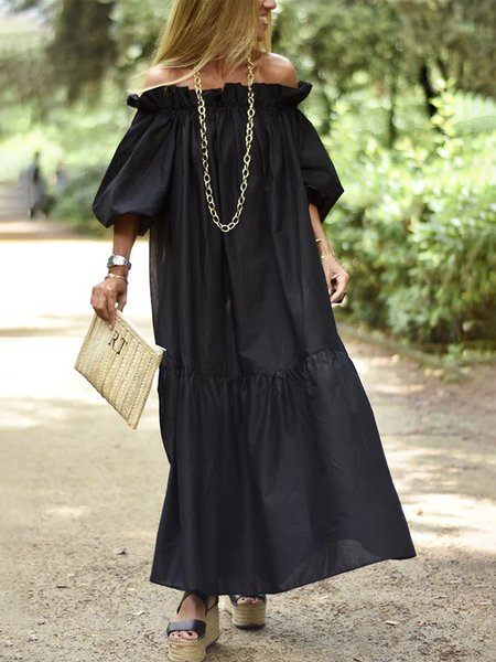 Casual Cold Shoulder Loose Plain Dress, Black, Maxi Dresses