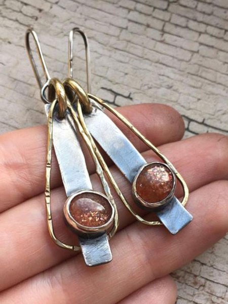

Vintage Two-Tone Metal Set Stone Earrings Ethnic Holiday Women's Jewelry, As picture, Earrings