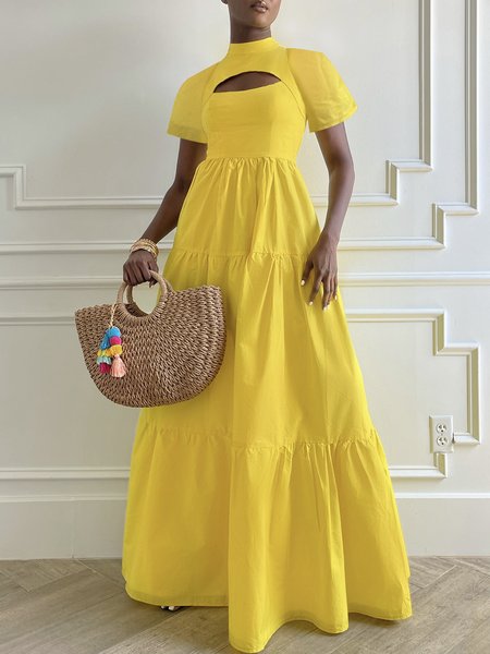 Regular Fit Plain Elegant Dress, Yellow, Maxi Dresses