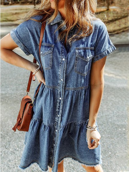 Denim Loose Plain Shirt Collar Casual Dress, Blue, Dresses