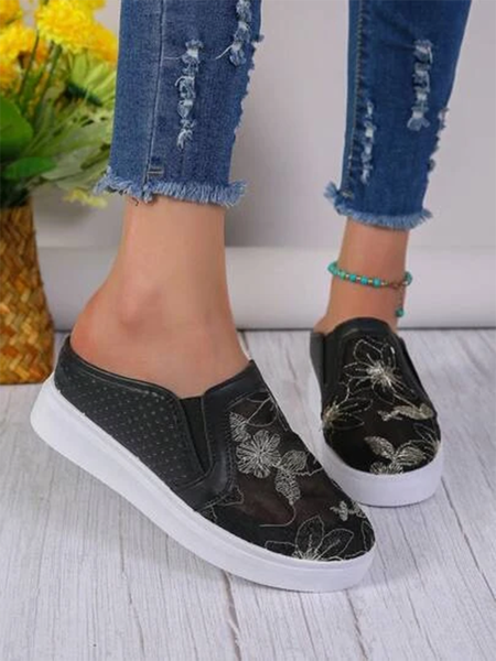 Women Floral Embroidered Mesh Casual Wedge Mule Shoes, Black, Flats
