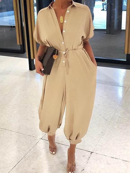 Casual Half Open Collar Jumpsuit, Khaki, Jumpsuits&Rompers