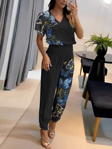 Women's Butterfly Print V Neck Short Sleeve Comfy Casual Top With Pants Two-Piece Set, Black, Sets
Women's Butterfly Print V Neck Short Sleeve Comfy Casual Top With Pants Two-Piece Set, Black, Sets