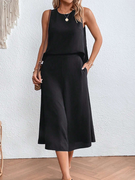Crew Neck Urban Solid Sleeveless Top & Slant Pocket Wide Leg Pants, Black, Basic Dresses
Crew Neck Urban Solid Sleeveless Top & Slant Pocket Wide Leg Pants, Black, Basic Dresses
