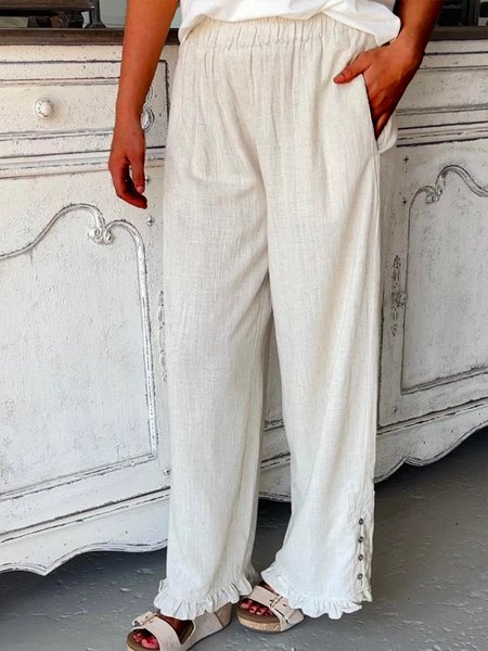 Women Plain Pockets Button Linen Cotton Pants, Apricot, Pants