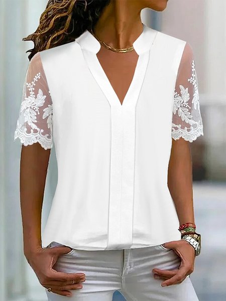 

V Neck Plain Casual Loose Shirt, White, Shirts & Blouses