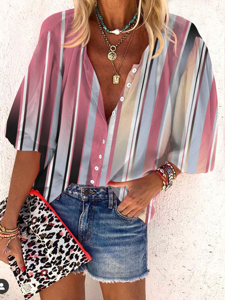 Loose Striped Crew Neck Casual Blouse, Pink, Shirts & Blouses