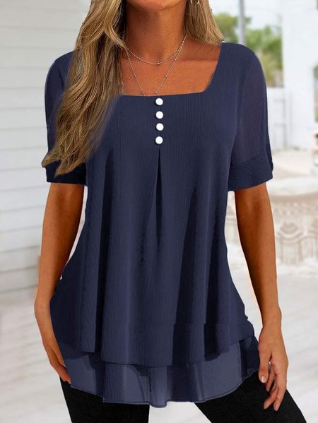 Simple Square Neck Plain Shirt, Dark blue, Shirts & Blouses