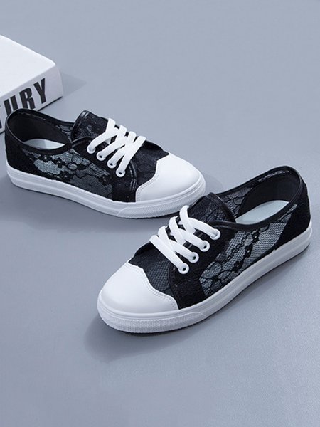 Casual Breathable Floral Lace Lace-Up Shoes, Black, Sneakers