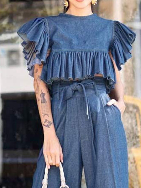 Loose Lightweight Crew Neck Short sleeve Urban Plain Loose Shirt, Denim blue, Blouses and Shirts