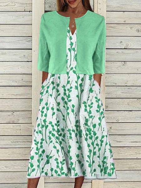 Loose Wrap Casual Floral Two-Piece Set, Green, Casual Dresses