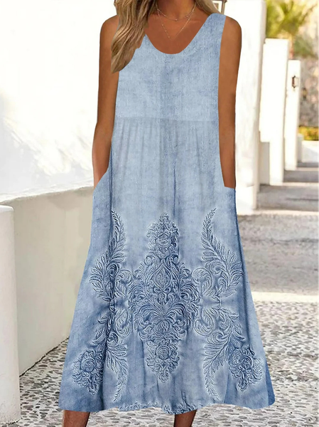 Crew Neck Loose Ethnic Casual Dress, Blue, Dresses 
Crew Neck Loose Ethnic Casual Dress, Blue, Dresses