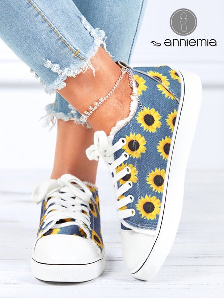Casual Sunflower Lace-Up Canvas Shoes, Blue, Women Shoes