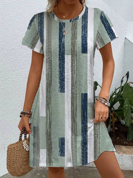 Casual Crew Neck Loose Striped Dress, Green, Dresses
