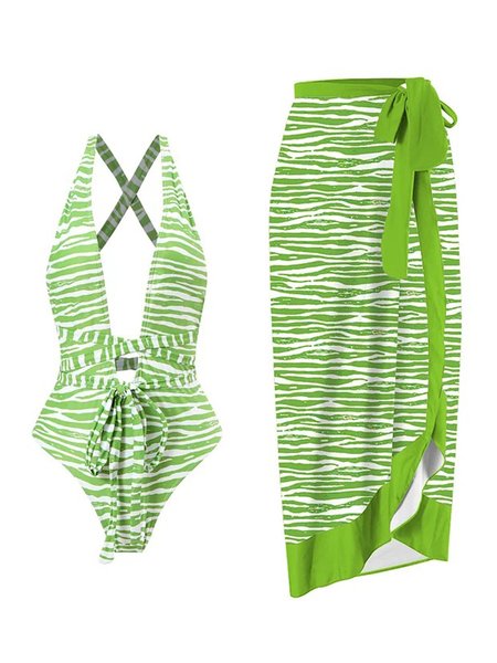 Printing Striped Vacation V Neck One Piece With Cover Up, Green, Swimsuit with Coverups
Printing Striped Vacation V Neck One Piece With Cover Up, Green, Swimsuit with Coverups