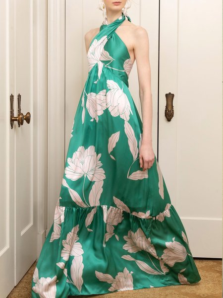 Loose Halter Vacation Floral Dress, Green, Maxi Dresses