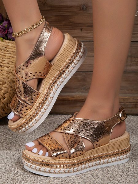 Vacation Hollow out Wedge Heel Espadrille Sandals, Golden, Sandals