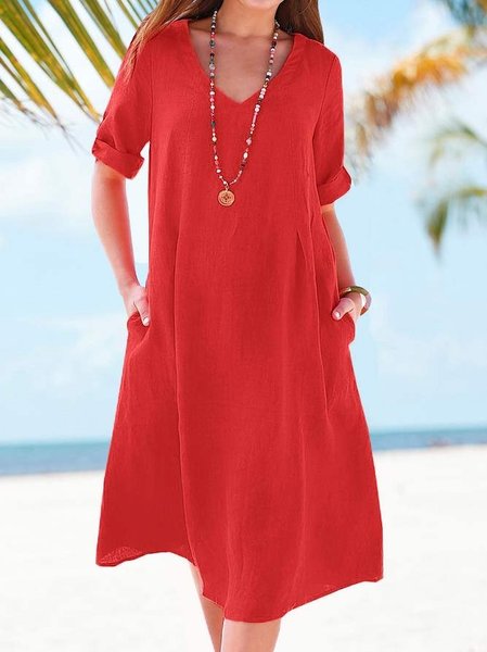 Plain Cotton Casual V Neck Dress With No, Orange red, Dresses
