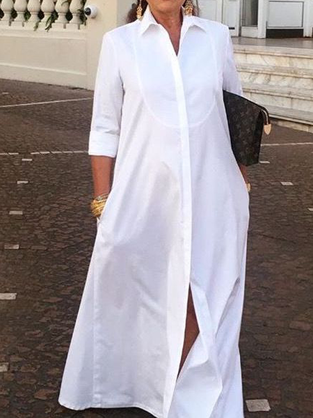 Shirt Collar Urban Loose Three Quarter Maxi Dress With No Shirt Dress, White, Maxi Dresses