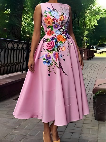 Floral Elegant Regular Fit Sleeveless Midi Dress With No Belt, Pink, Midi Dresses
