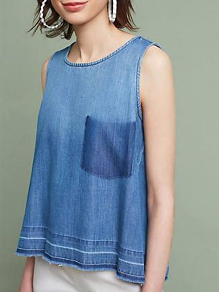 Casual Denim Crew Neck Plain Sleeveless Shirt, Blue, Blouses and Shirts