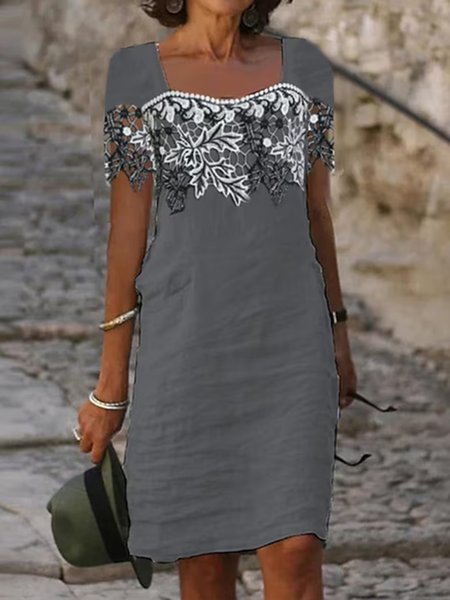 Color Block Vacation Square Neck Lace Dress, Gray, Dresses
