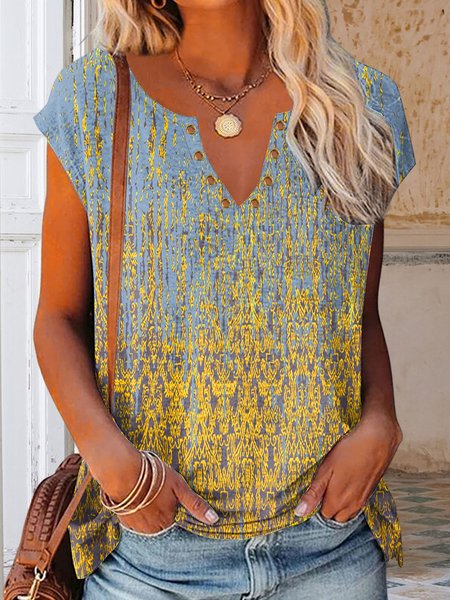 V Neck Loose Ethnic Vacation T-Shirt, Yellow, T-Shirts
