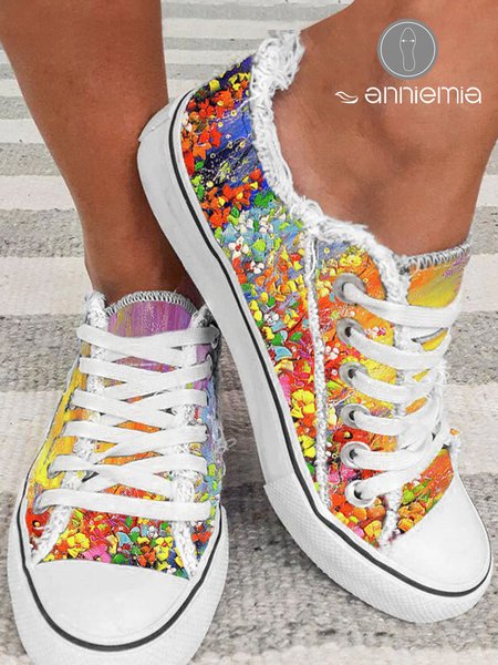 Colorful Flower Oil Painting Canvas Shoes, As picture, Sneakers
