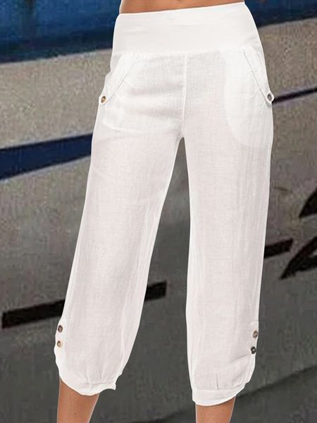 Cotton Buttoned Loose Casual Pants, White, Pants