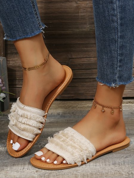 Tassel Bohemian Vacation Beach Slippers, White, Sandals