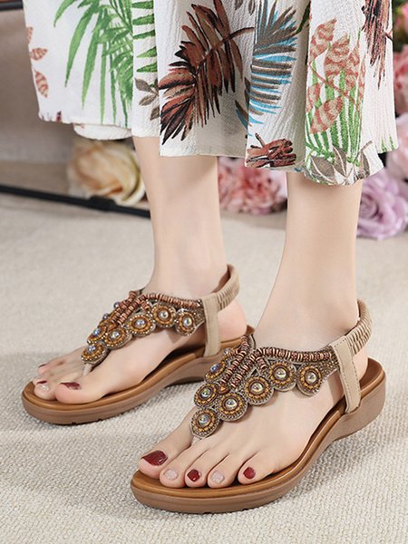 Boho Beaded Rhinestone Comfy Thong Sandals, Apricot, Sandals