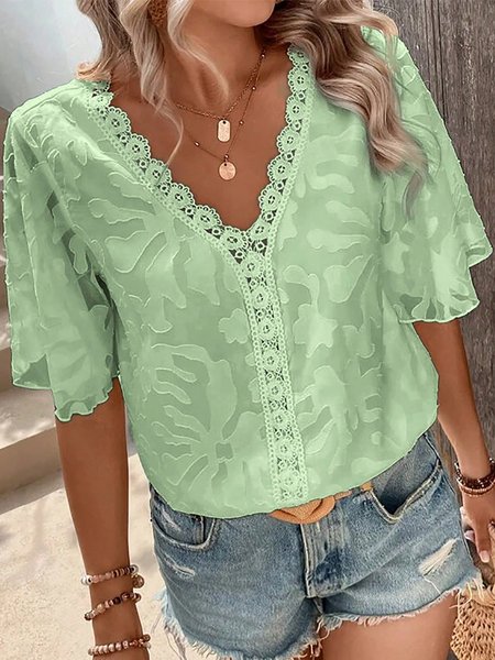 Lace V Neck Loose Casual Shirt, Green, Shirts & Blouses