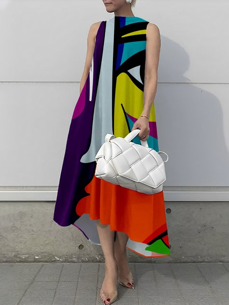 Abstract Loose Sleeveless Elegant Midi Dress With No Belt, As picture, Midi Dresses
