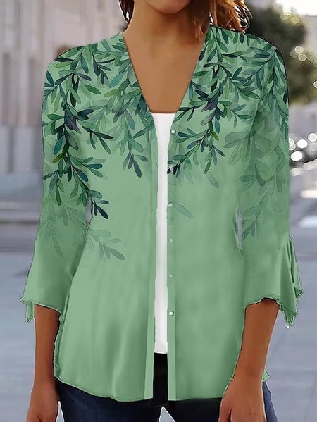 Casual Loose V Neck Floral Two-Piece Set, Green, Suit Set