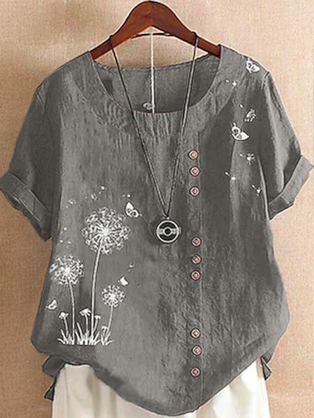 

Loose Crew Neck Vacation Dandelion Floral Button Short Sleeve Blouse, Gray, Blouses & Shirts