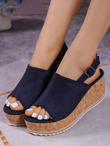 Leopard Solid Platform Wedge Sandals, Blue, Slippers