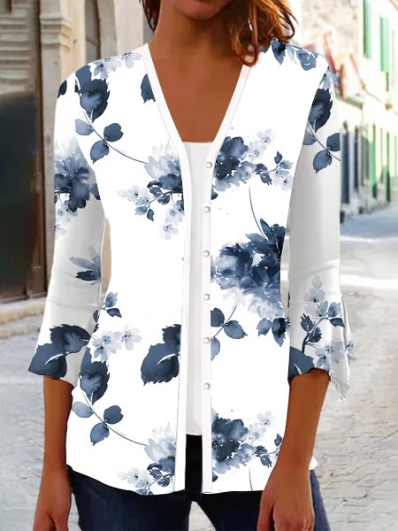 Buckle Shirt Collar Casual Floral Kimono, Blue, Cardigans