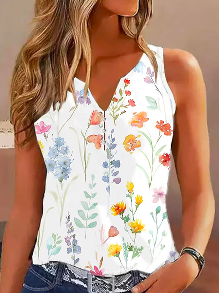 Casual V Neck Floral Tank Top, White, Tanks & Camis