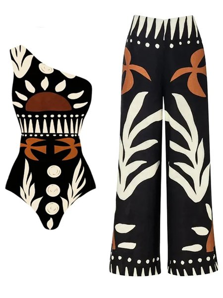 Vacation Abstract Printing One Shoulder One Piece With Cover Up, Black, Swimsuit with Coverups