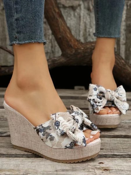 Floral Botanical Graphic Linen Wedge Sandals, White, Sandals