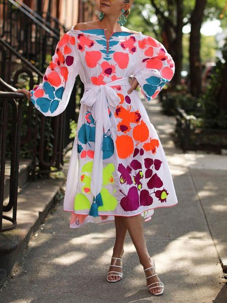 Cold Shoulder Abstract Vacation Midi Dress, Multicolor, Midi Dresses