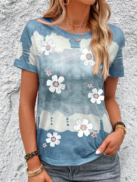 Loose Casual Floral Crew Neck T-Shirt, Blue, T-Shirts