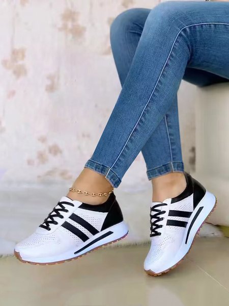 Breathable Hollow out Color Block Lace-Up Casual Sneakers, Black, Sneakers