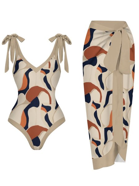 Vacation Abstract Printing One Piece With Cover Up, Apricot, Swimsuit with Coverups