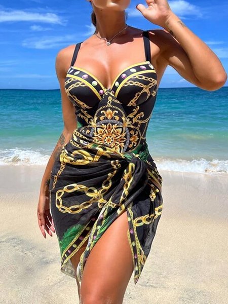 Casual Abstract Printing Notched One Piece With Cover Up, Black, Swimsuit with Coverups