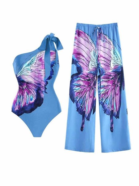 One Shoulder Vacation Butterfly Printing One Piece With Cover Up, Blue, Swimsuit with Coverups
One Shoulder Vacation Butterfly Printing One Piece With Cover Up, Blue, Swimsuit with Coverups
