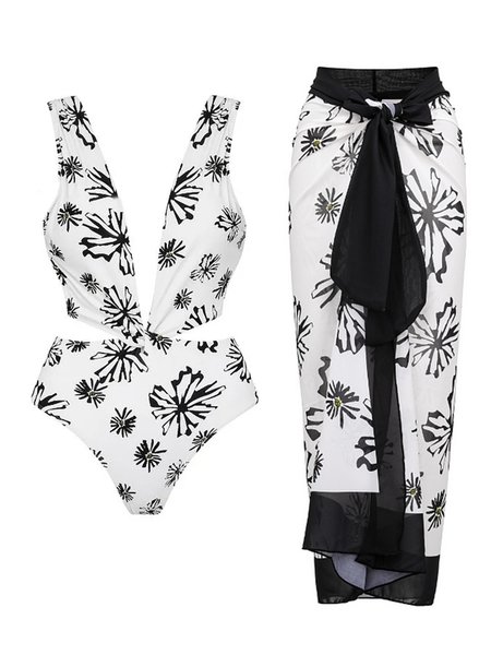 Casual Floral Printing V Neck One Piece With Cover Up, Black, Swimsuit with Coverups
Casual Floral Printing V Neck One Piece With Cover Up, Black, Swimsuit with Coverups