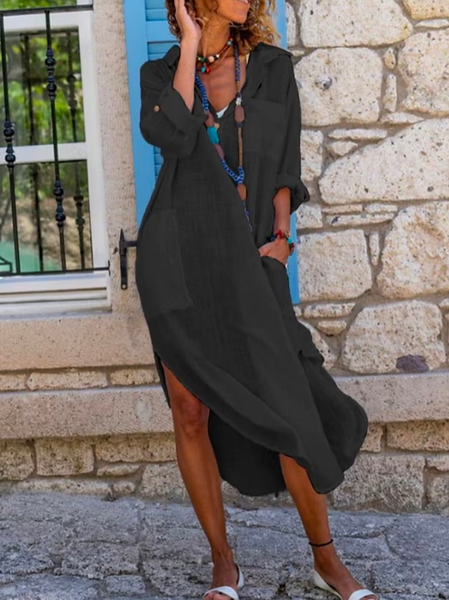 V Neck Casual Plain Loose Dress, Black, Dresses