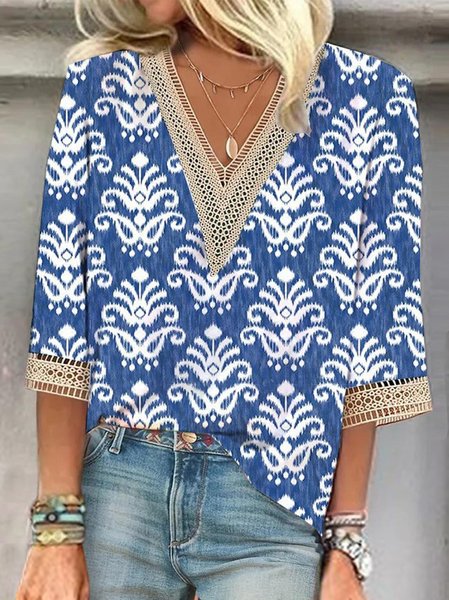Regular Fit V Neck Geometric Casual Shirt, Blue, Shirts & Blouses